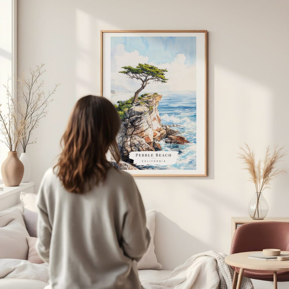 Framed The Lone Cypress Pebble Beach Watercolor Wall Art - In Living Room with Woman Looking at it - Portrait Framed The Lone Cypress Pebble Beach Watercolor Wall Art - In Living Room with Woman Looking at it - Portrait