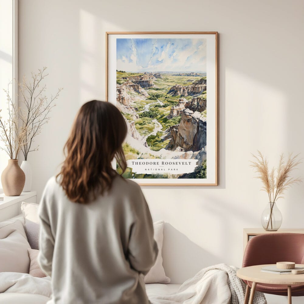 Framed Theodore Roosevelt National Park Watercolor Wall Art - In Living Room with Woman Looking at it - Portrait Framed Theodore Roosevelt National Park Watercolor Wall Art - In Living Room with Woman Looking at it - Portrait