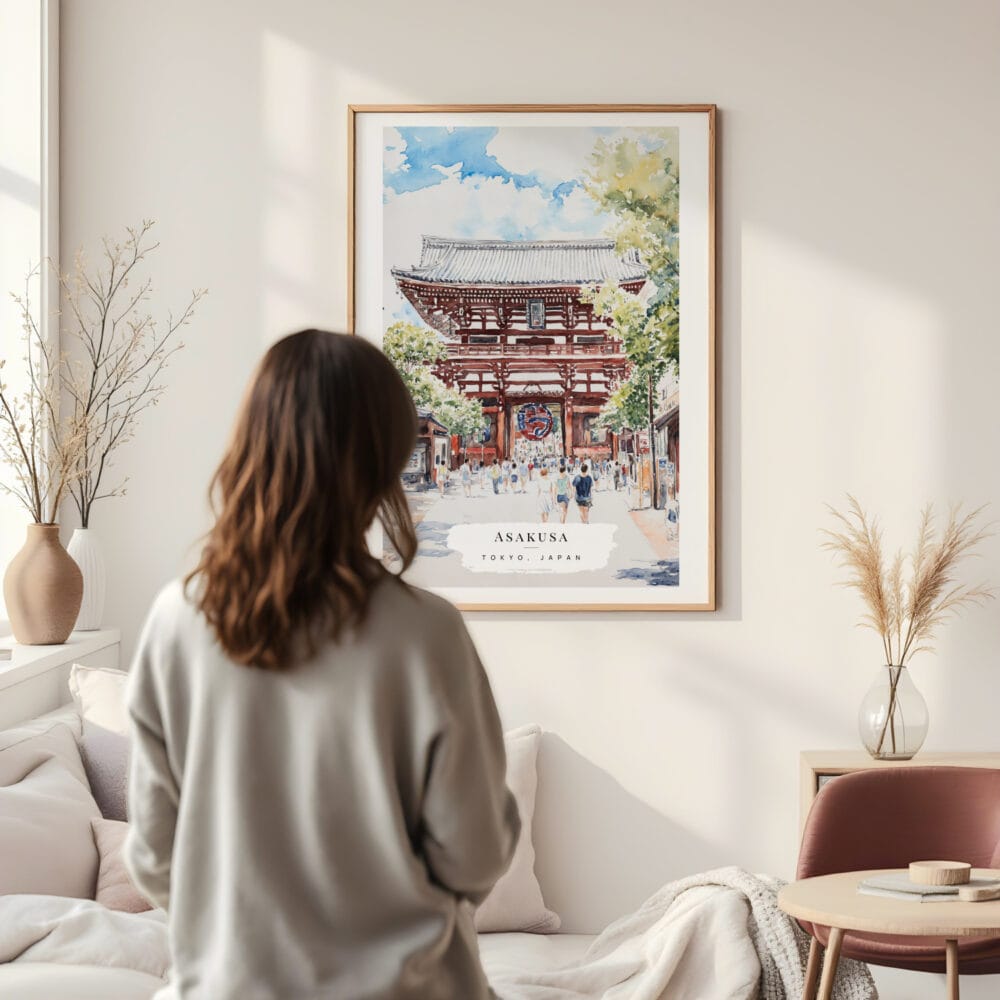 Framed Tokyo Asakusa Watercolor Wall Art - In Living Room with Woman Looking at it - Portrait Framed Tokyo Asakusa Watercolor Wall Art - In Living Room with Woman Looking at it - Portrait