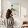 Framed Tulum Mexico Watercolor Wall Art - In Living Room with Woman Looking at it - Portrait
