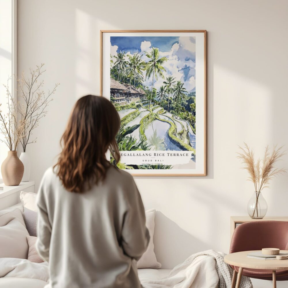 Framed Ubud Bali Rice Terrace Watercolor Wall Art - In Living Room with Woman Looking at it - Portrait Framed Ubud Bali Rice Terrace Watercolor Wall Art - In Living Room with Woman Looking at it - Portrait