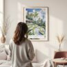 Framed Ubud Bali Rice Terrace Watercolor Wall Art - In Living Room with Woman Looking at it - Portrait