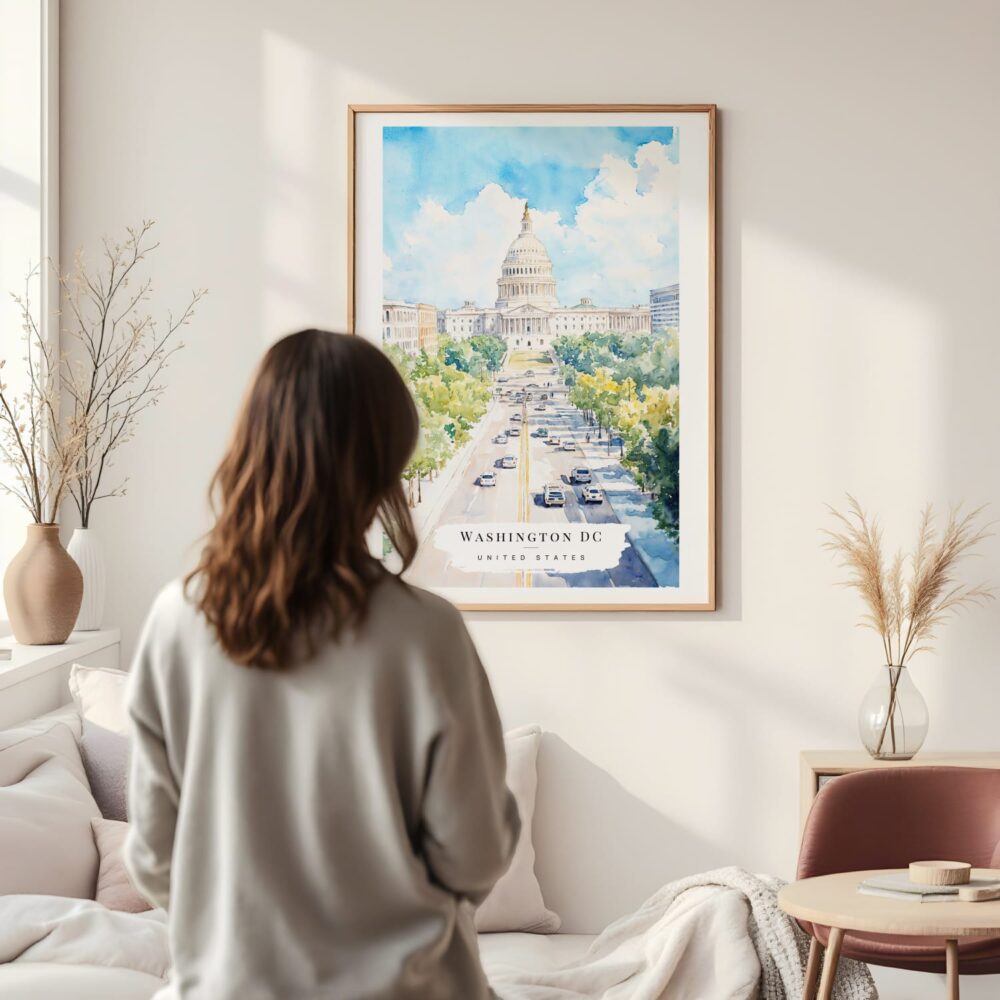 Framed Washington DC Watercolor Wall Art - In Living Room with Woman Looking at it - Portrait Framed Washington DC Watercolor Wall Art - In Living Room with Woman Looking at it - Portrait