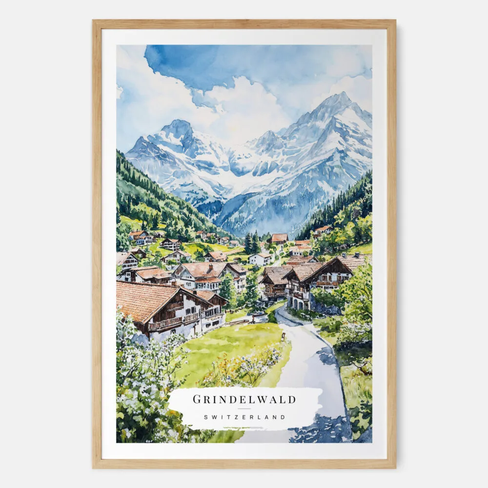 Grindelwald Switzerland Watercolor Art Print - Main - Wood Frame Grindelwald Switzerland Watercolor Art Print - Main - Wood Frame