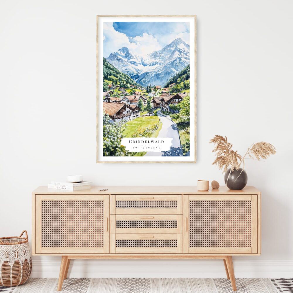 Grindelwald Switzerland Watercolor Art Print - Shelf - Portrait Grindelwald Switzerland Watercolor Art Print - Shelf - Portrait