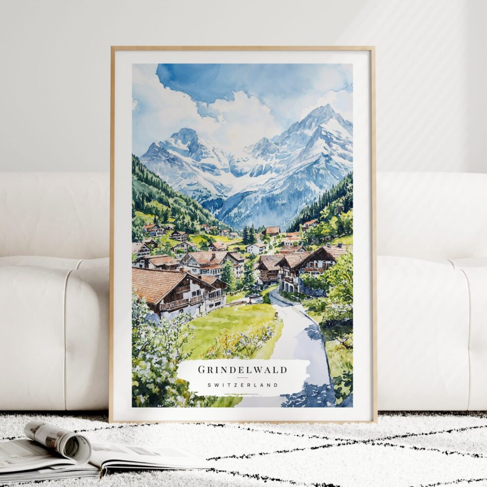 Grindelwald Switzerland Watercolor Art Print - Wood Frame standing on Floor Grindelwald Switzerland Watercolor Art Print - Wood Frame standing on Floor