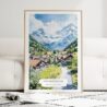 Grindelwald Switzerland Watercolor Art Print - Wood Frame standing on Floor