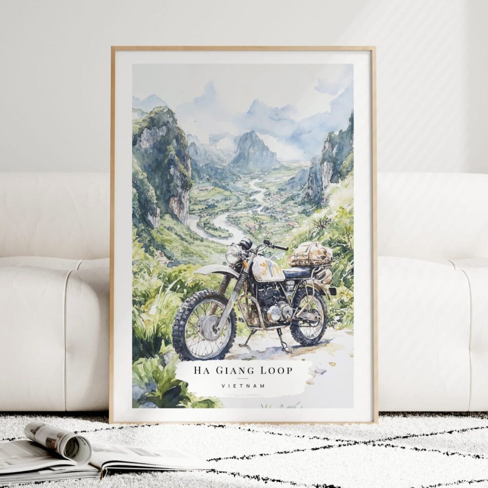 Ha Giang Loop Vietnam Watercolor Art Print - Wood Frame standing on Floor Ha Giang Loop Vietnam Watercolor Art Print - Wood Frame standing on Floor