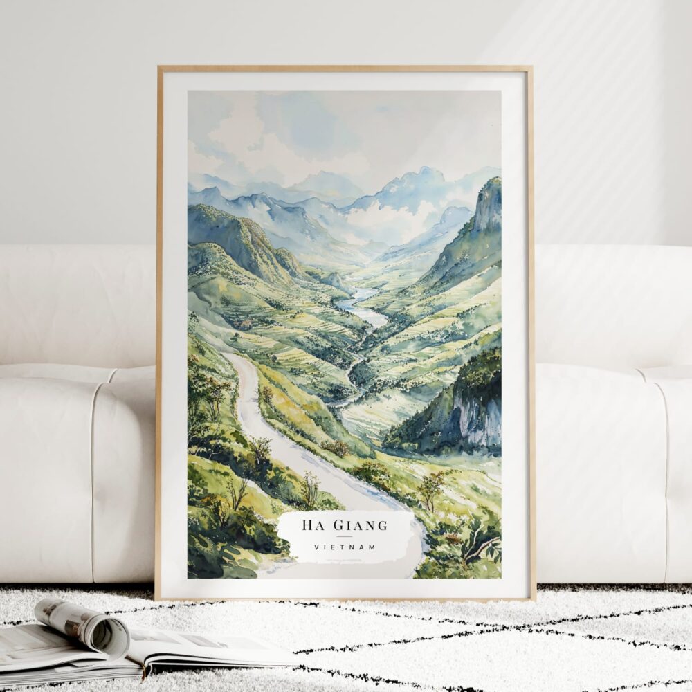 Ha Giang Vietnam Watercolor Art Print - Wood Frame standing on Floor Ha Giang Vietnam Watercolor Art Print - Wood Frame standing on Floor