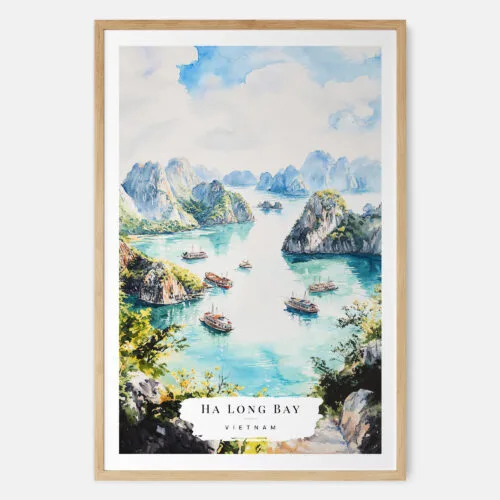 Ha Long Bay Vietnam Watercolor Art Print - Main - Wood Frame