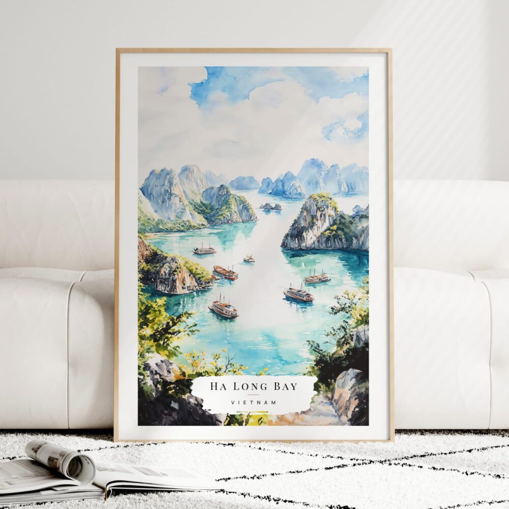 Ha Long Bay Vietnam Watercolor Art Print - Wood Frame standing on Floor Ha Long Bay Vietnam Watercolor Art Print - Wood Frame standing on Floor