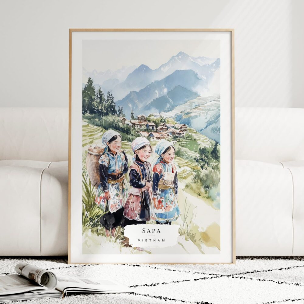 Hmong People Sapa Watercolor Art Print - Wood Frame standing on Floor Hmong People Sapa Watercolor Art Print - Wood Frame standing on Floor