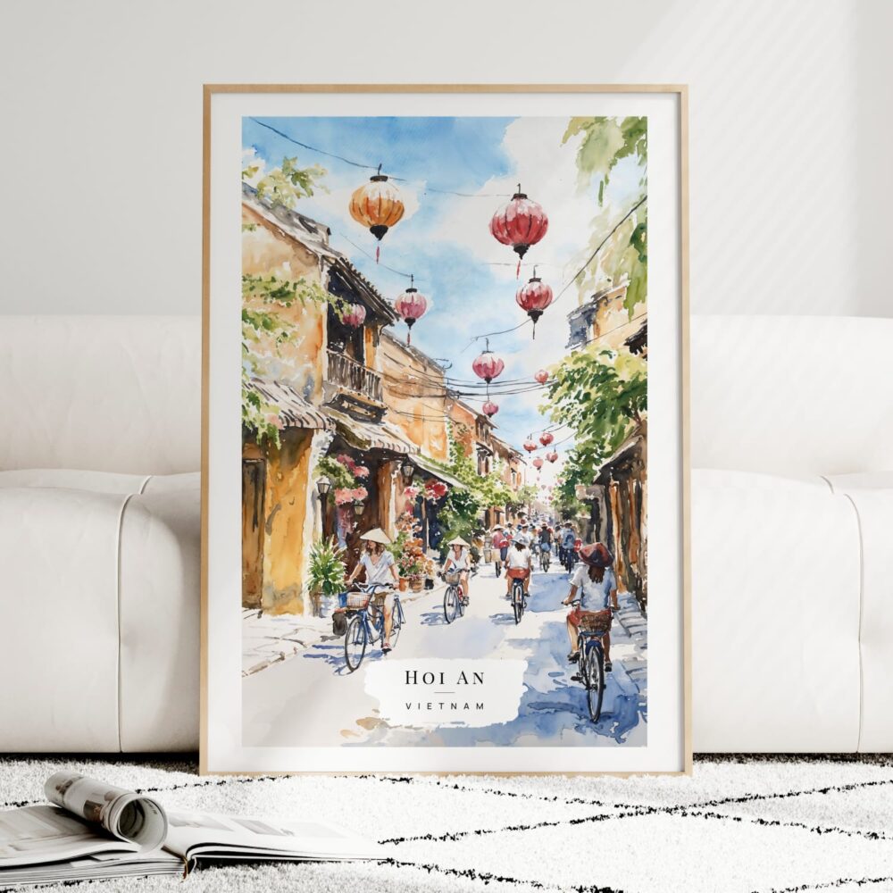 Hoi An Vietnam Watercolor Art Print - Wood Frame standing on Floor Hoi An Vietnam Watercolor Art Print - Wood Frame standing on Floor
