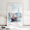 Hong Kong Watercolor Art Print - Wood Frame standing on Floor