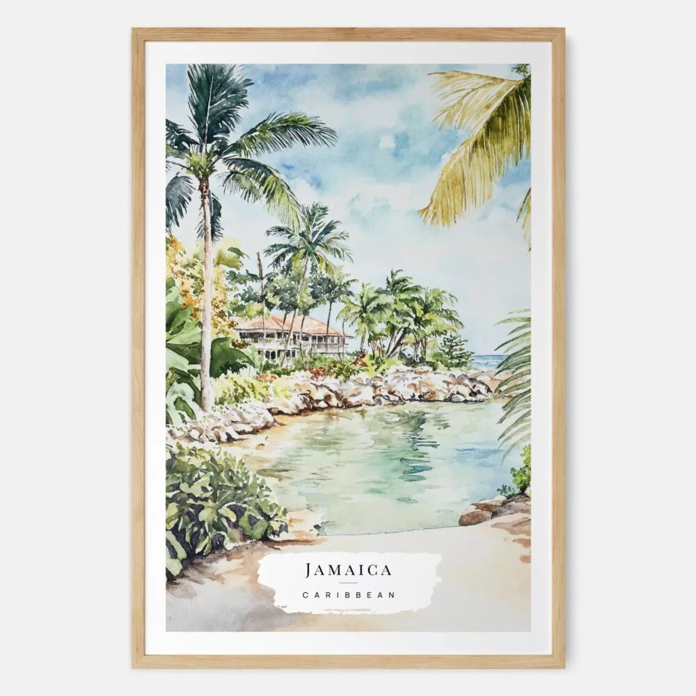 Jamaica Caribbean Island Watercolor Art Print - Main - Wood Frame Jamaica Caribbean Island Watercolor Art Print - Main - Wood Frame