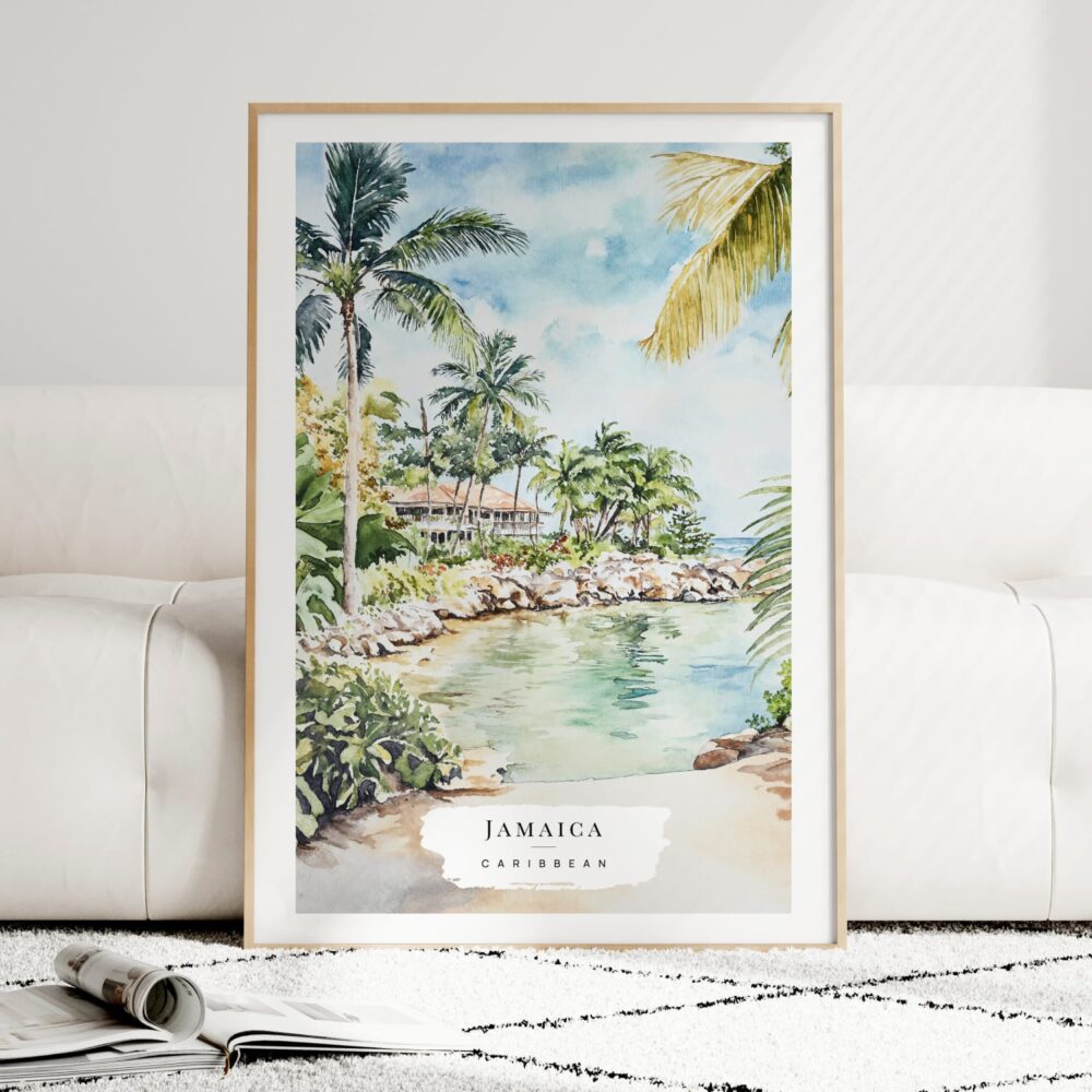 Jamaica Caribbean Island Watercolor Art Print - Wood Frame standing on Floor Jamaica Caribbean Island Watercolor Art Print - Wood Frame standing on Floor