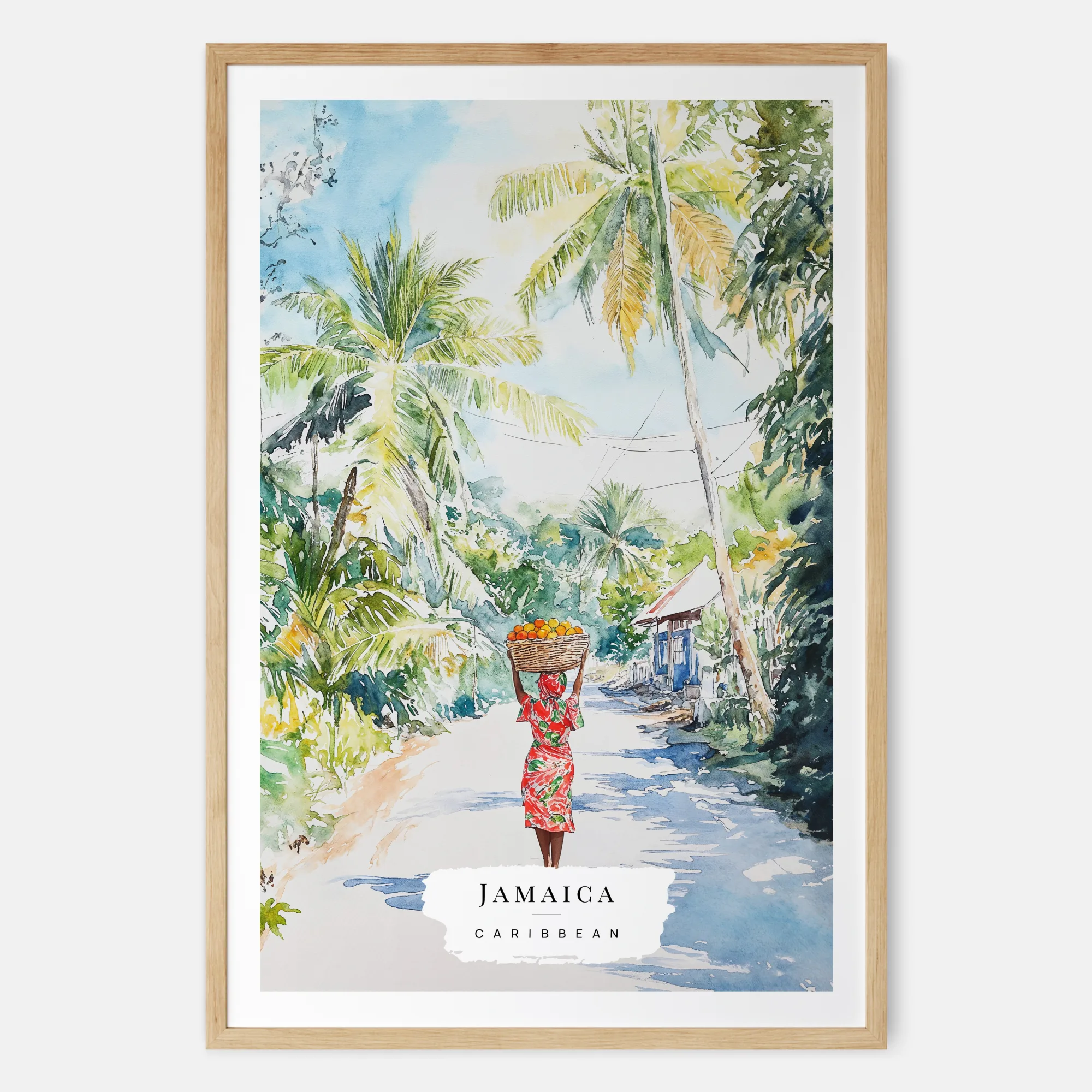 Jamaica Watercolor Print with a Woman Carrying A Fruit Basket On Her Head