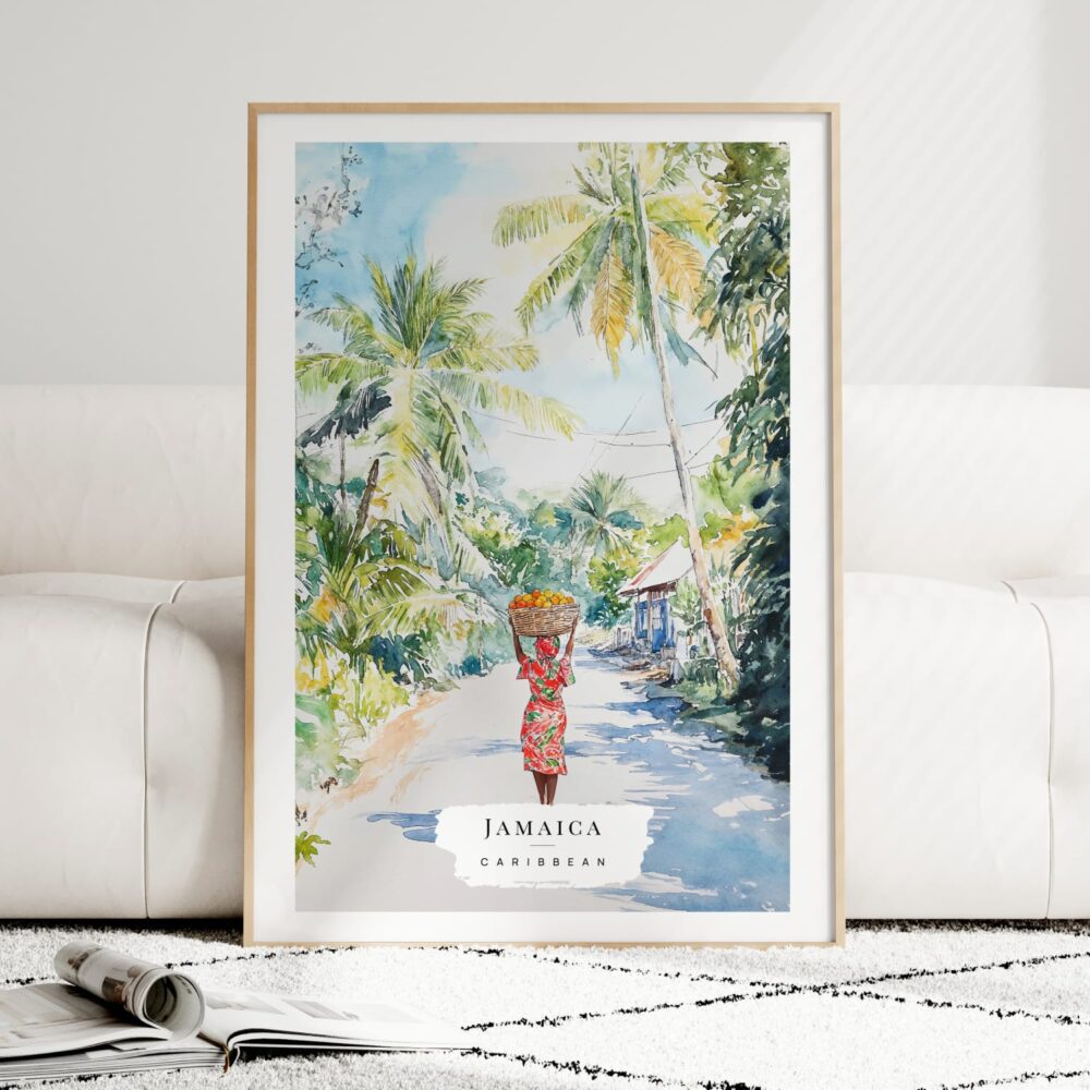 Jamaica Woman Watercolor Art Print - Wood Frame standing on Floor Jamaica Woman Watercolor Art Print - Wood Frame standing on Floor