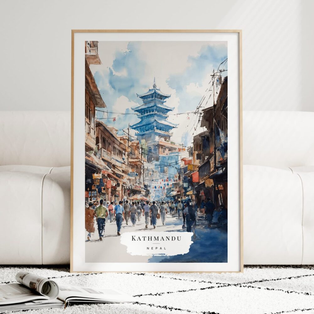 Kathmandu Watercolor Art Print - Wood Frame standing on Floor Kathmandu Watercolor Art Print - Wood Frame standing on Floor