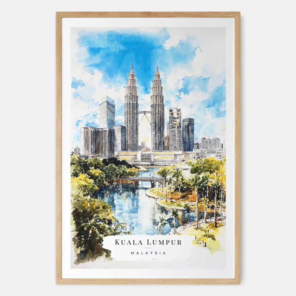 Kuala Lumpur Watercolor Art Print - Main - Wood Frame Kuala Lumpur Watercolor Art Print - Main - Wood Frame