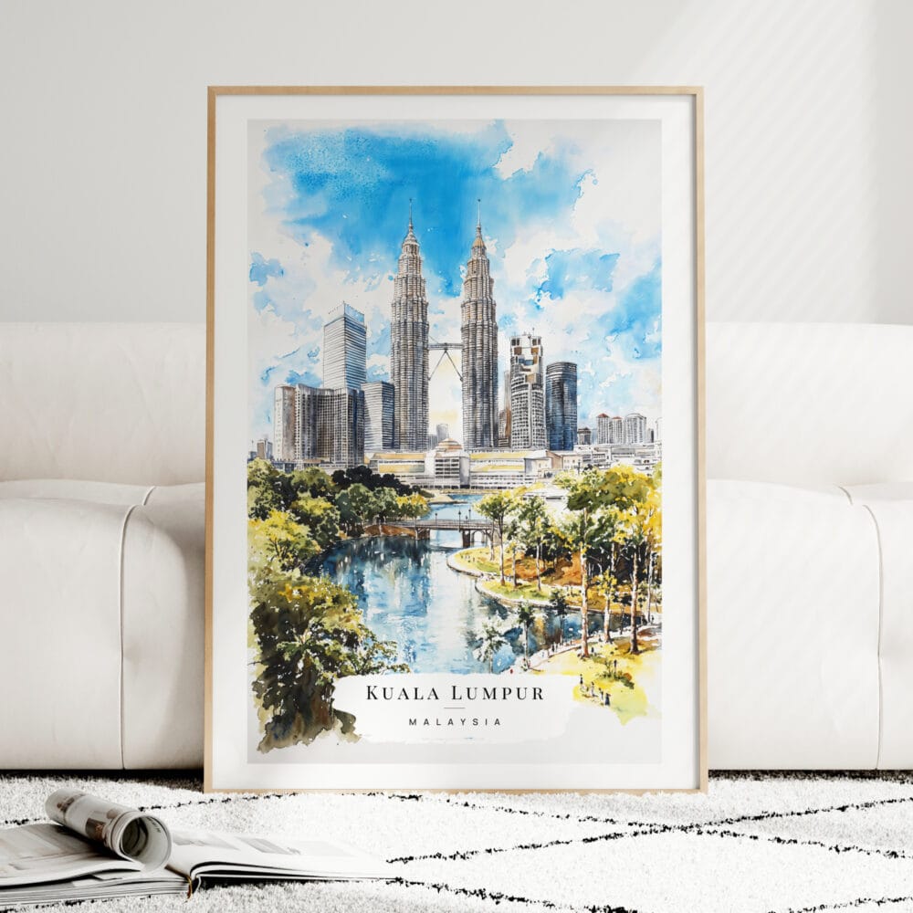 Kuala Lumpur Watercolor Art Print - Wood Frame standing on Floor Kuala Lumpur Watercolor Art Print - Wood Frame standing on Floor
