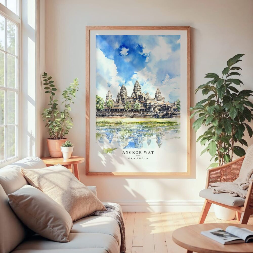 Large Framed Angkor Wat Cambodia Watercolor Wall Art - Cozy Living Room - Portrait Large Framed Angkor Wat Cambodia Watercolor Wall Art - Cozy Living Room - Portrait