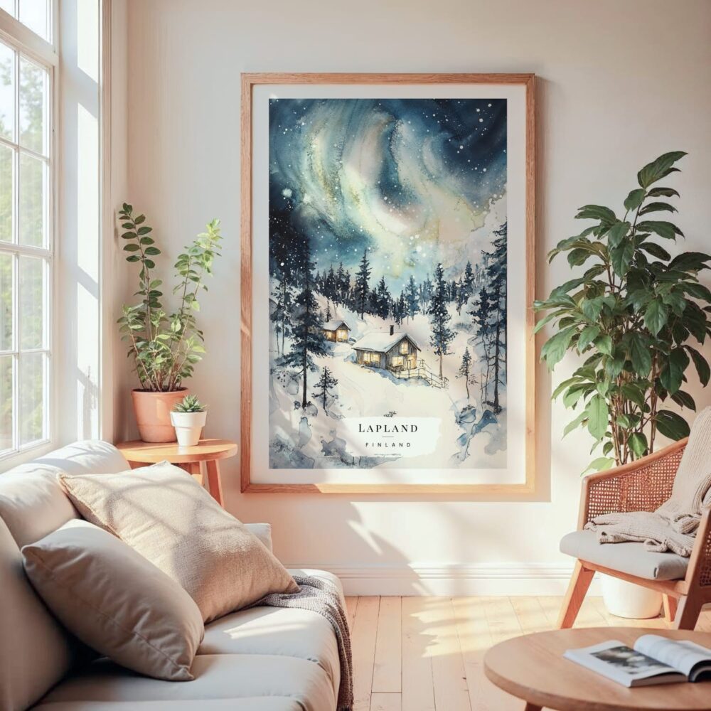 Large Framed Aurora Lapland Finland Watercolor Wall Art - Cozy Living Room - Portrait Large Framed Aurora Lapland Finland Watercolor Wall Art - Cozy Living Room - Portrait