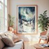 Large Framed Aurora Lapland Finland Watercolor Wall Art - Cozy Living Room - Portrait