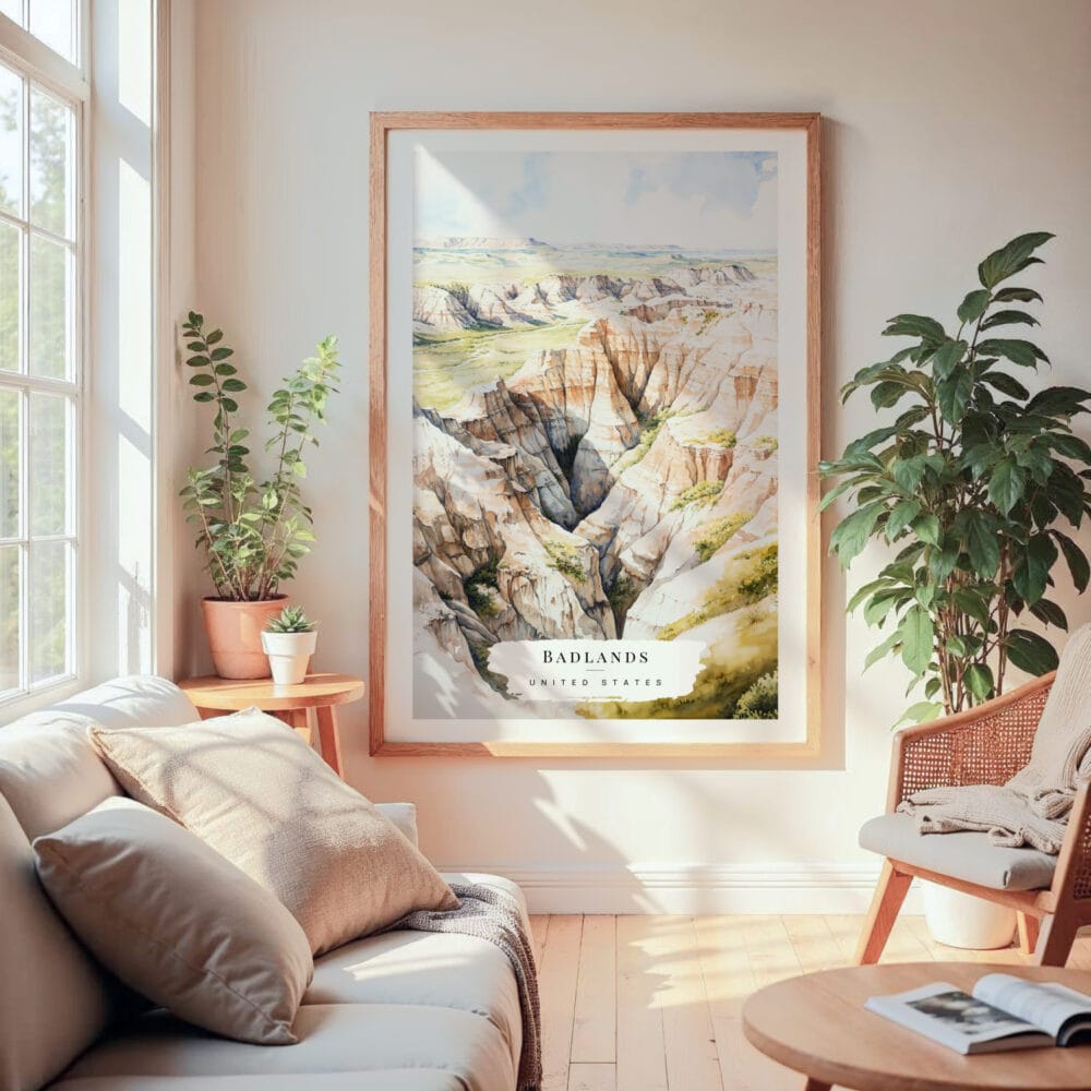 Large Framed Badlands National Park Watercolor Wall Art - Cozy Living Room - Portrait Large Framed Badlands National Park Watercolor Wall Art - Cozy Living Room - Portrait