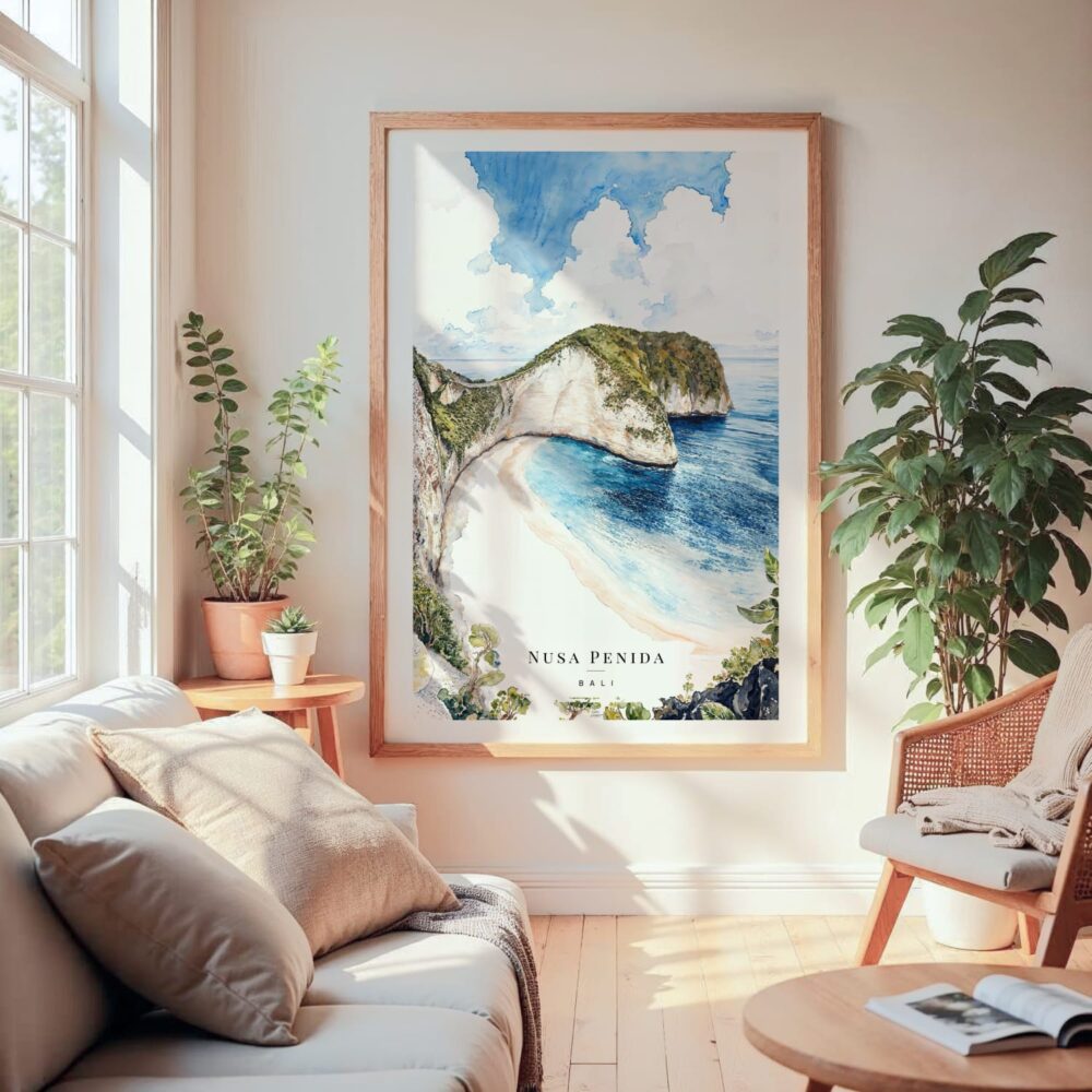 Large Framed Bali Nusa Penida Watercolor Wall Art - Cozy Living Room - Portrait Large Framed Bali Nusa Penida Watercolor Wall Art - Cozy Living Room - Portrait