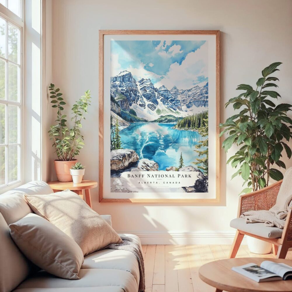 Large Framed Banff National Park Watercolor Wall Art - Cozy Living Room - Portrait Large Framed Banff National Park Watercolor Wall Art - Cozy Living Room - Portrait