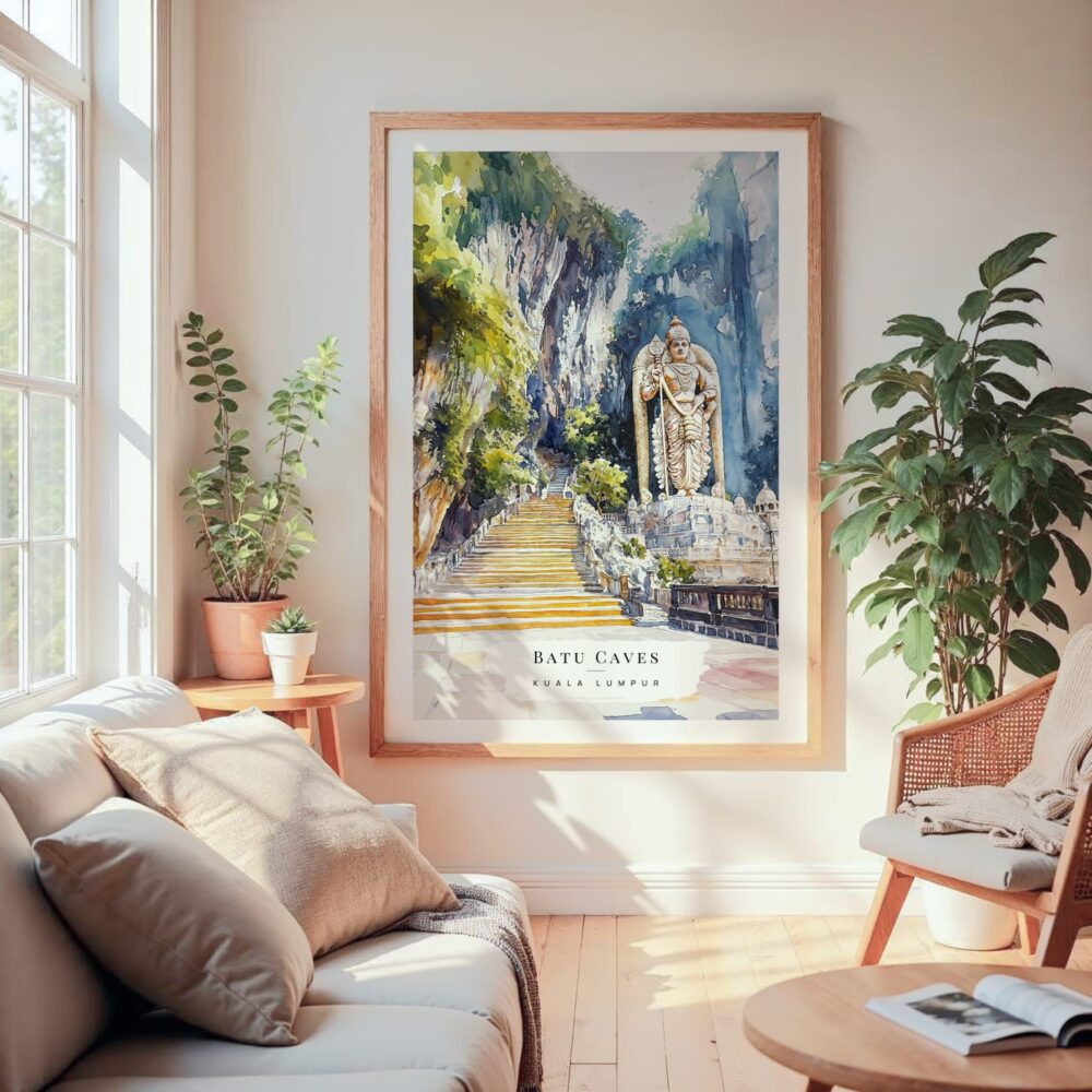 Large Framed Batu Caves Watercolor Wall Art - Cozy Living Room - Portrait Large Framed Batu Caves Watercolor Wall Art - Cozy Living Room - Portrait