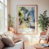 Large Framed Batu Caves Watercolor Wall Art - Cozy Living Room - Portrait