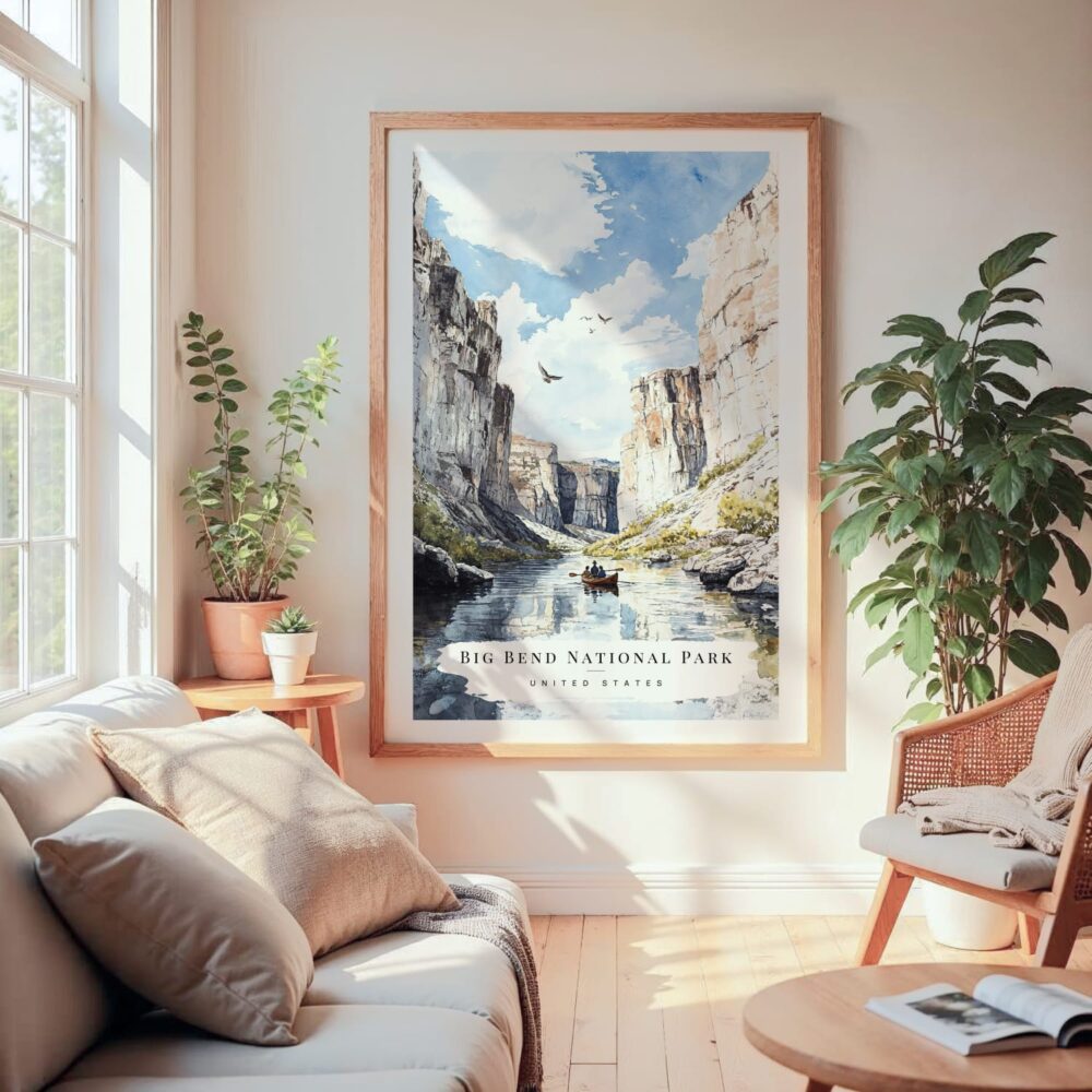 Large Framed Big Bend National Park Watercolor Wall Art - Cozy Living Room - Portrait Large Framed Big Bend National Park Watercolor Wall Art - Cozy Living Room - Portrait