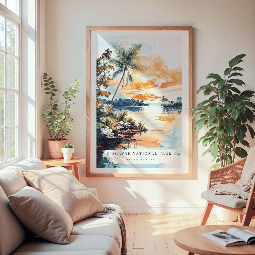 Large Framed Biscayne National Park Watercolor Wall Art - Cozy Living Room - Portrait Large Framed Biscayne National Park Watercolor Wall Art - Cozy Living Room - Portrait