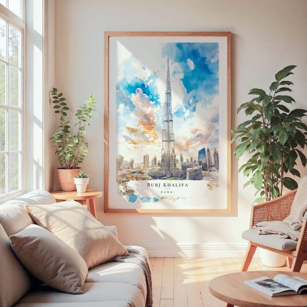 Large Framed Burj Khalifa Dubai Watercolor Wall Art - Cozy Living Room - Portrait Large Framed Burj Khalifa Dubai Watercolor Wall Art - Cozy Living Room - Portrait