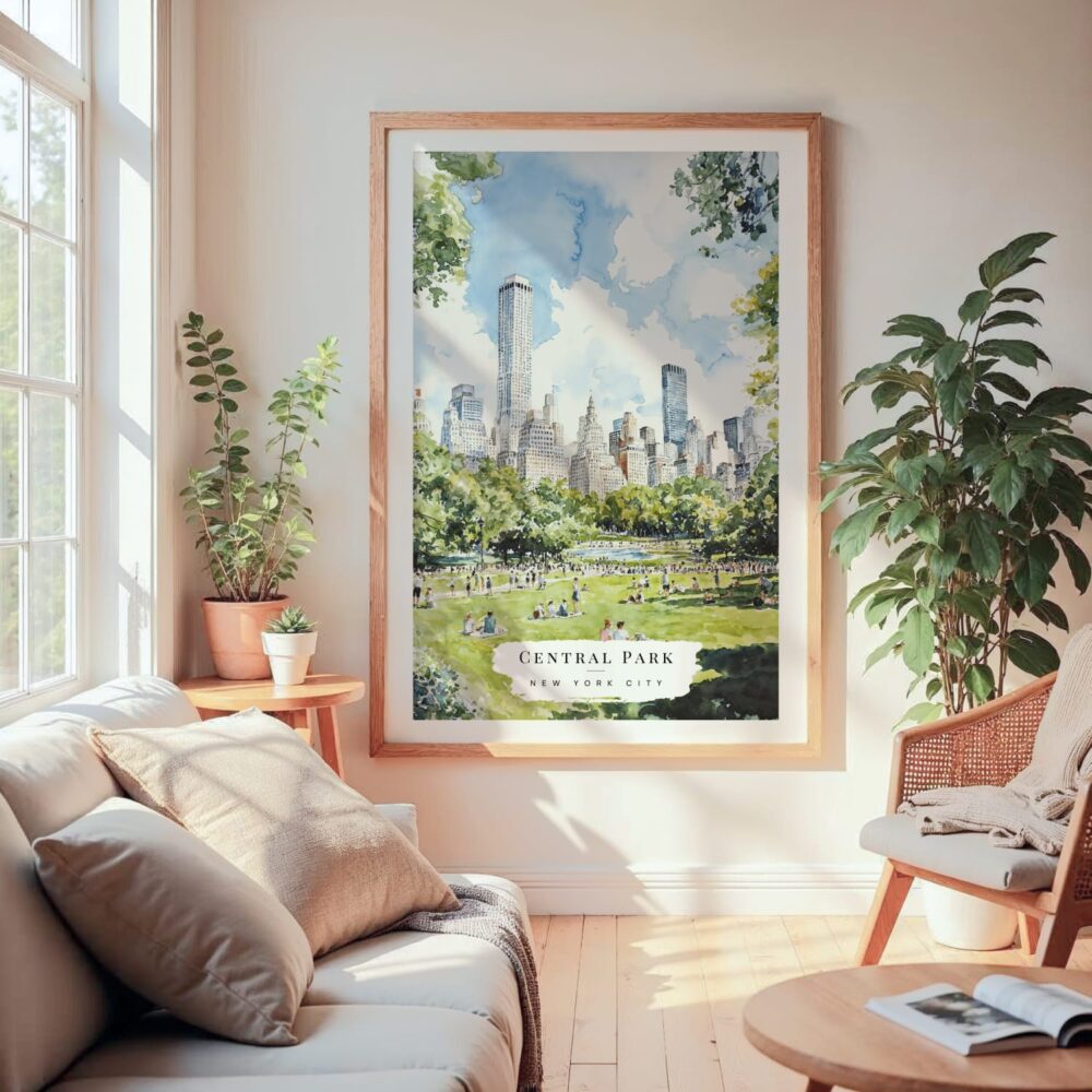 Large Framed Central Park New York Watercolor Wall Art - Cozy Living Room - Portrait Large Framed Central Park New York Watercolor Wall Art - Cozy Living Room - Portrait