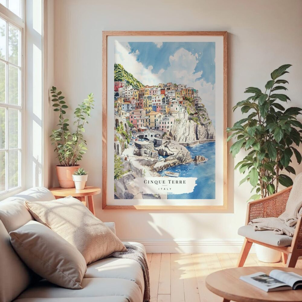 Large Framed Cinque Terre Manarola Watercolor Wall Art - Cozy Living Room - Portrait Large Framed Cinque Terre Manarola Watercolor Wall Art - Cozy Living Room - Portrait