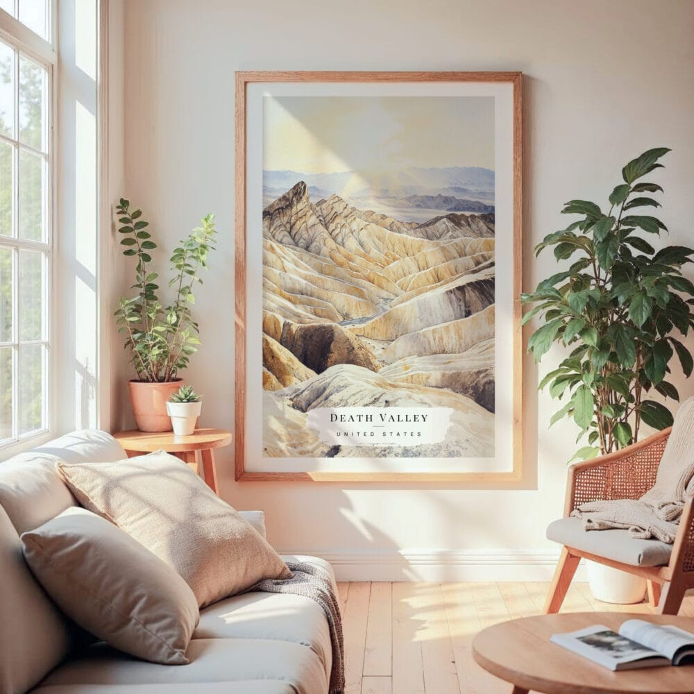 Large Framed Death Valley Watercolor Wall Art - Cozy Living Room - Portrait Large Framed Death Valley Watercolor Wall Art - Cozy Living Room - Portrait
