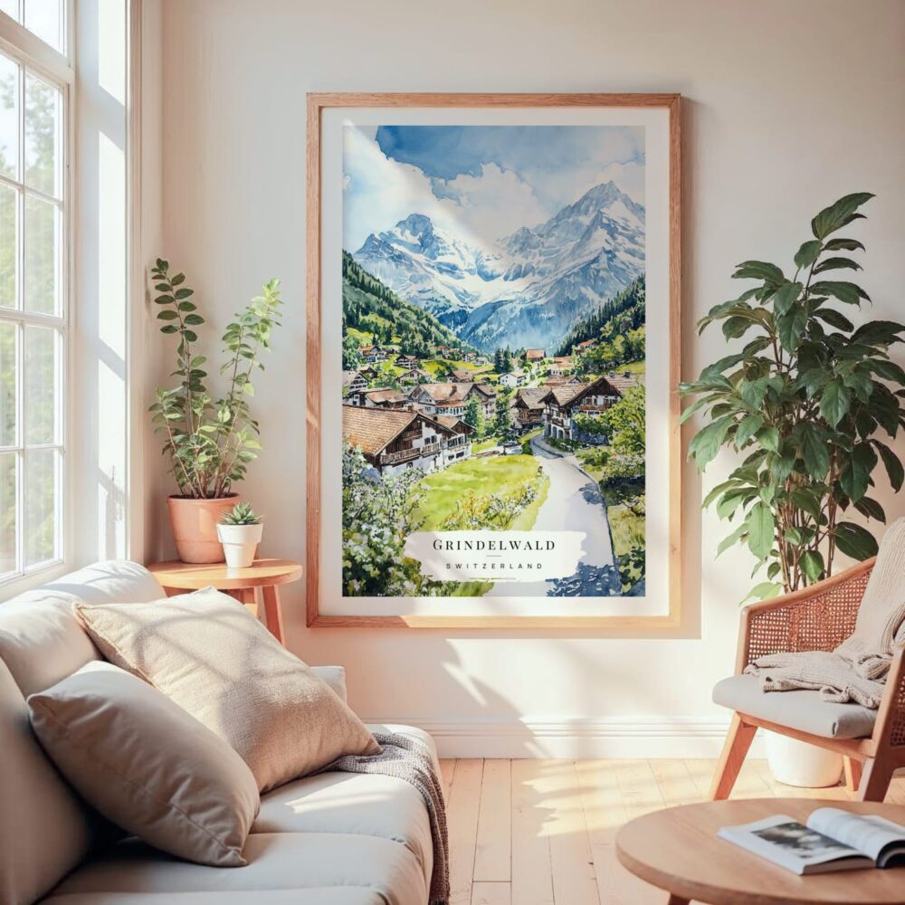 Large Framed Grindelwald Switzerland Watercolor Wall Art - Cozy Living Room - Portrait Large Framed Grindelwald Switzerland Watercolor Wall Art - Cozy Living Room - Portrait