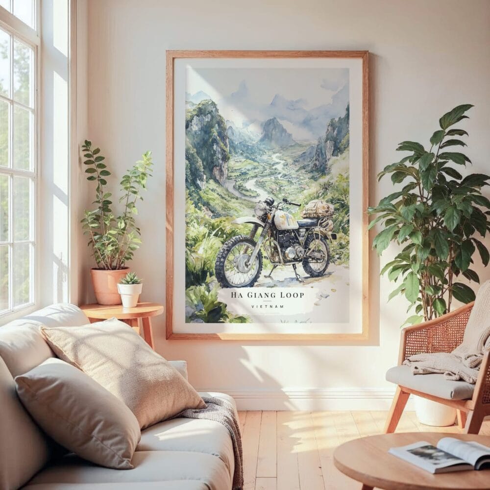 Large Framed Ha Giang Loop Vietnam Watercolor Wall Art - Cozy Living Room - Portrait Large Framed Ha Giang Loop Vietnam Watercolor Wall Art - Cozy Living Room - Portrait