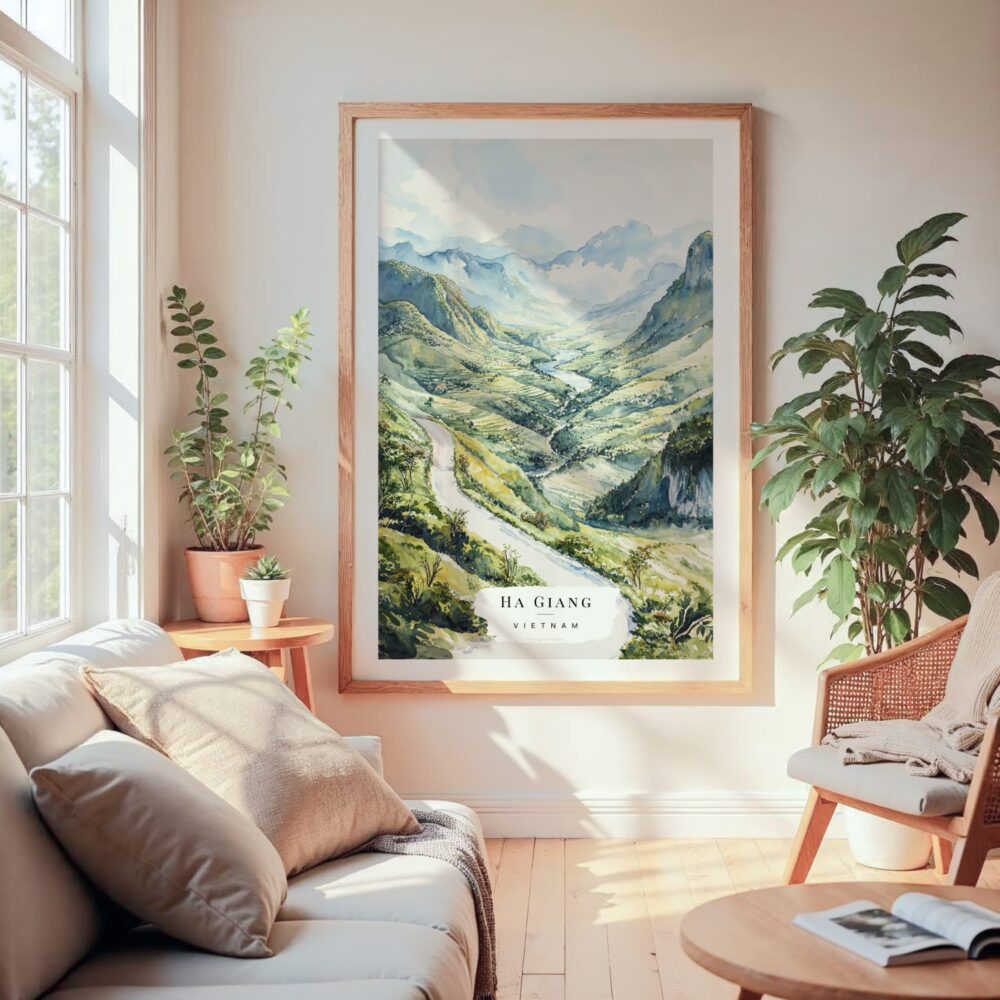 Large Framed Ha Giang Vietnam Watercolor Wall Art - Cozy Living Room - Portrait Large Framed Ha Giang Vietnam Watercolor Wall Art - Cozy Living Room - Portrait