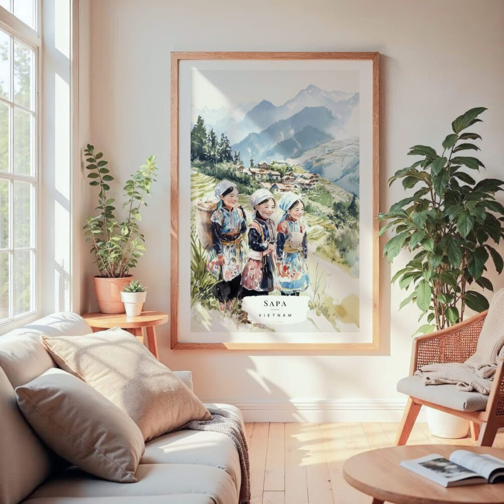 Large Framed Hmong People Sapa Watercolor Wall Art - Cozy Living Room - Portrait Large Framed Hmong People Sapa Watercolor Wall Art - Cozy Living Room - Portrait