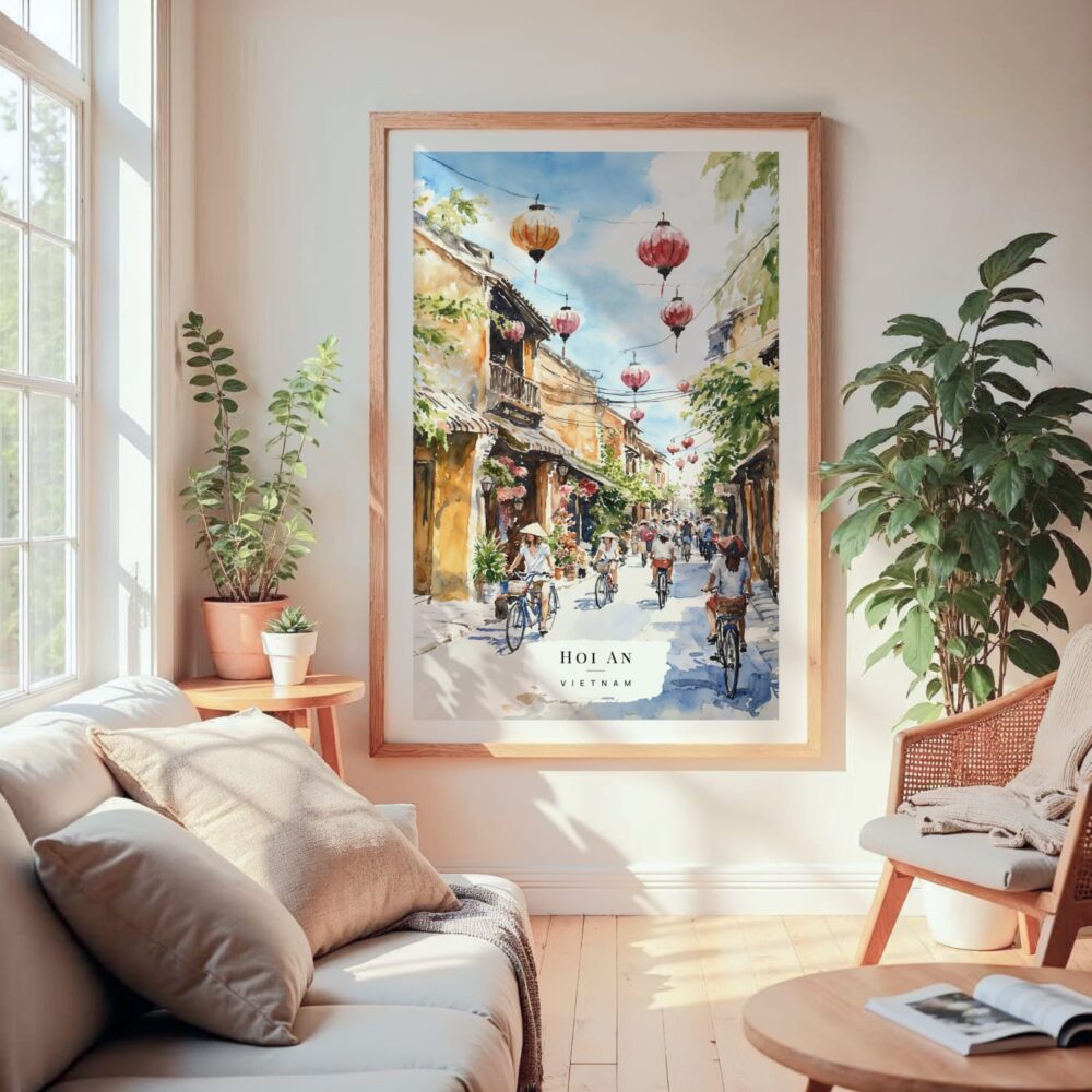 Large Framed Hoi An Vietnam Watercolor Wall Art - Cozy Living Room - Portrait Large Framed Hoi An Vietnam Watercolor Wall Art - Cozy Living Room - Portrait
