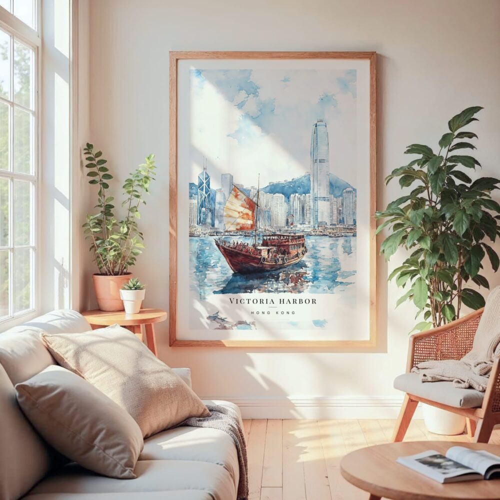 Large Framed Hong Kong Watercolor Wall Art - Cozy Living Room - Portrait Large Framed Hong Kong Watercolor Wall Art - Cozy Living Room - Portrait