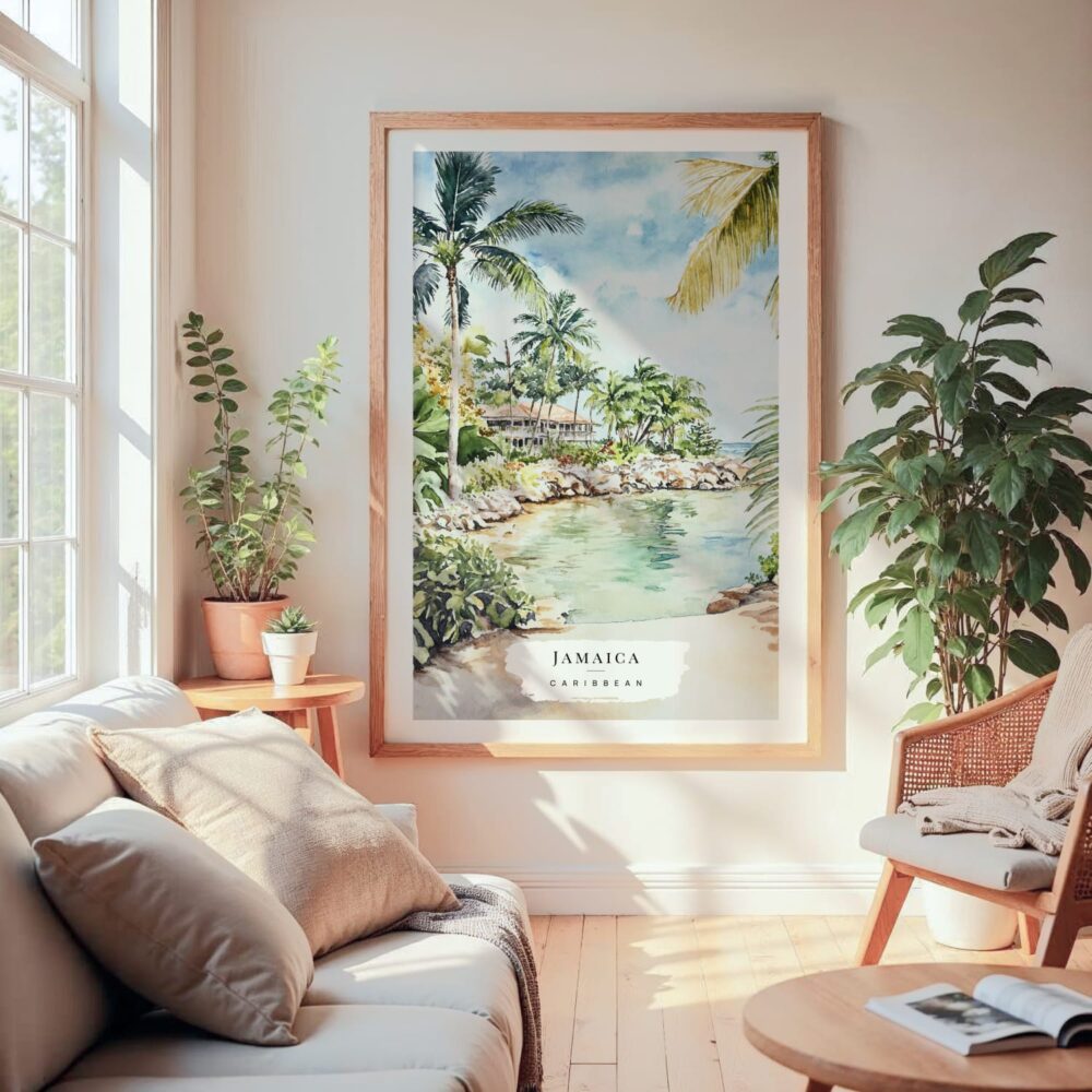 Large Framed Jamaica Caribbean Island Watercolor Wall Art - Cozy Living Room - Portrait Large Framed Jamaica Caribbean Island Watercolor Wall Art - Cozy Living Room - Portrait