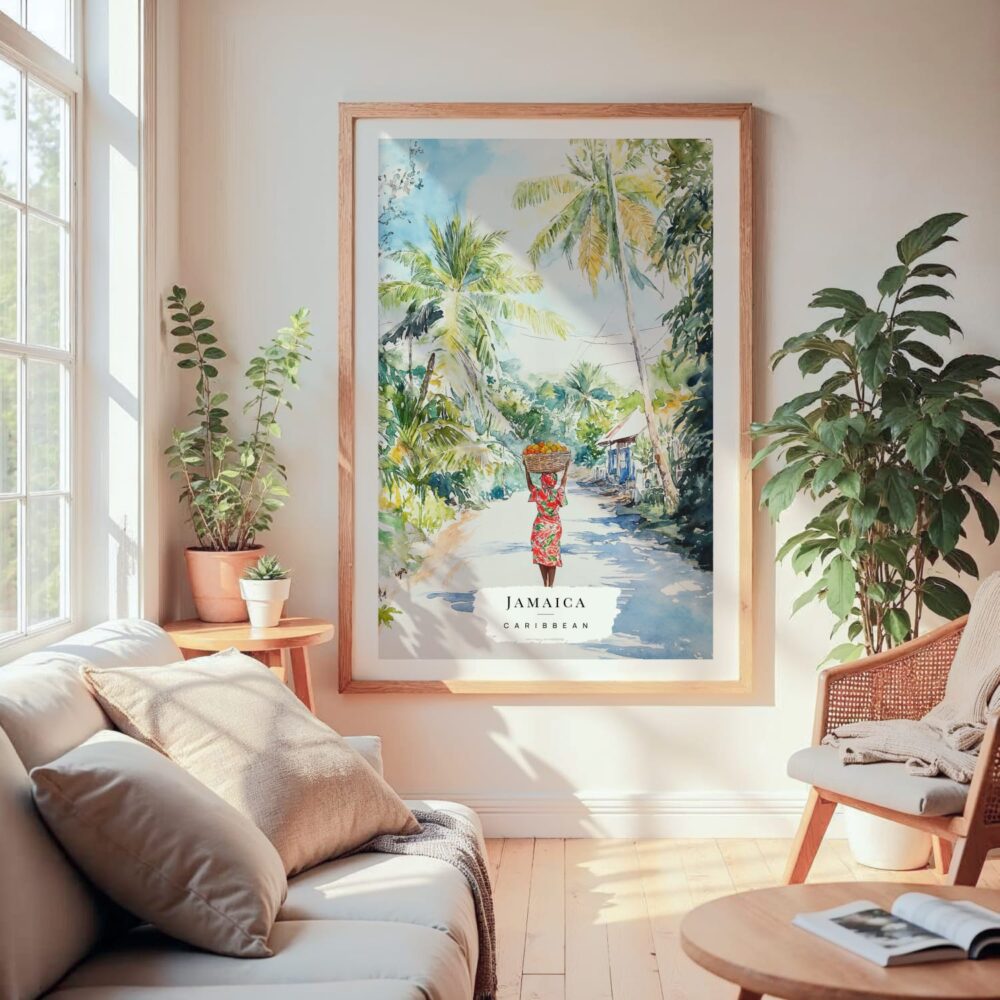 Large Framed Jamaica Woman Watercolor Wall Art - Cozy Living Room - Portrait Large Framed Jamaica Woman Watercolor Wall Art - Cozy Living Room - Portrait