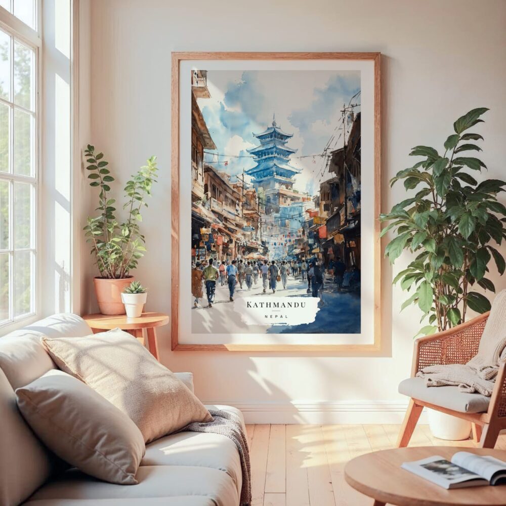 Large Framed Kathmandu Watercolor Wall Art - Cozy Living Room - Portrait Large Framed Kathmandu Watercolor Wall Art - Cozy Living Room - Portrait