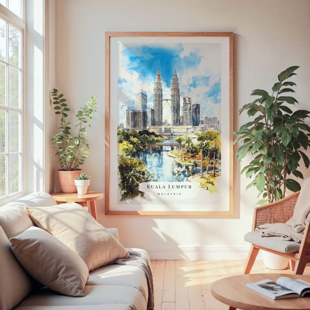 Large Framed Kuala Lumpur Watercolor Wall Art - Cozy Living Room - Portrait Large Framed Kuala Lumpur Watercolor Wall Art - Cozy Living Room - Portrait