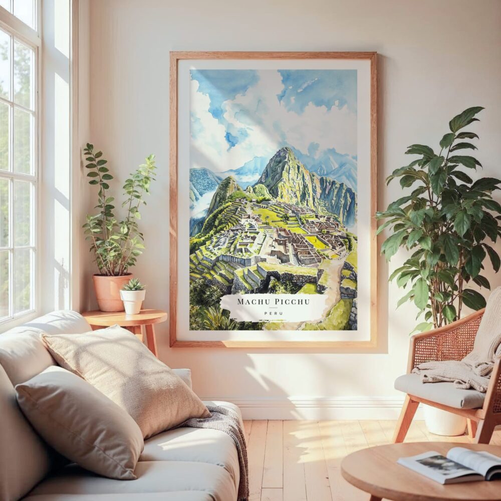 Large Framed Machu Picchu Watercolor Wall Art - Cozy Living Room - Portrait Large Framed Machu Picchu Watercolor Wall Art - Cozy Living Room - Portrait